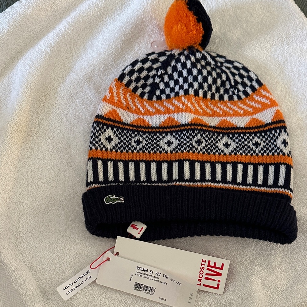 Lacoste Live Wool Navy Blue Orange Patterned Beanie New w Tags Marine Farine